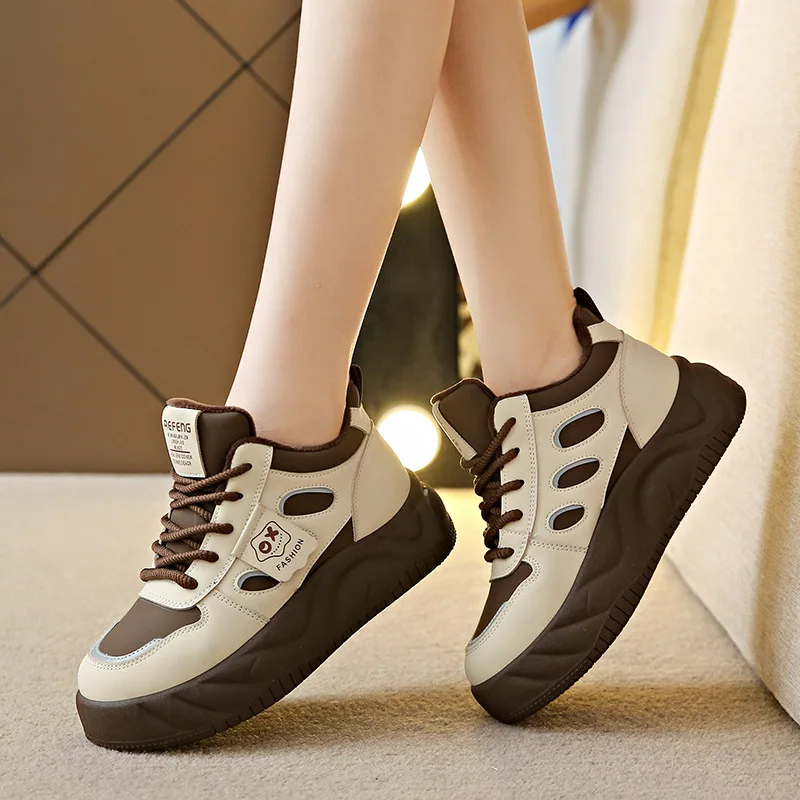 Thickened Warm Cotton Shoes Autumn and Winter Genuine Leather Thick-soled Sports Shoes Women's Casual Shoes Versatile Sneakers