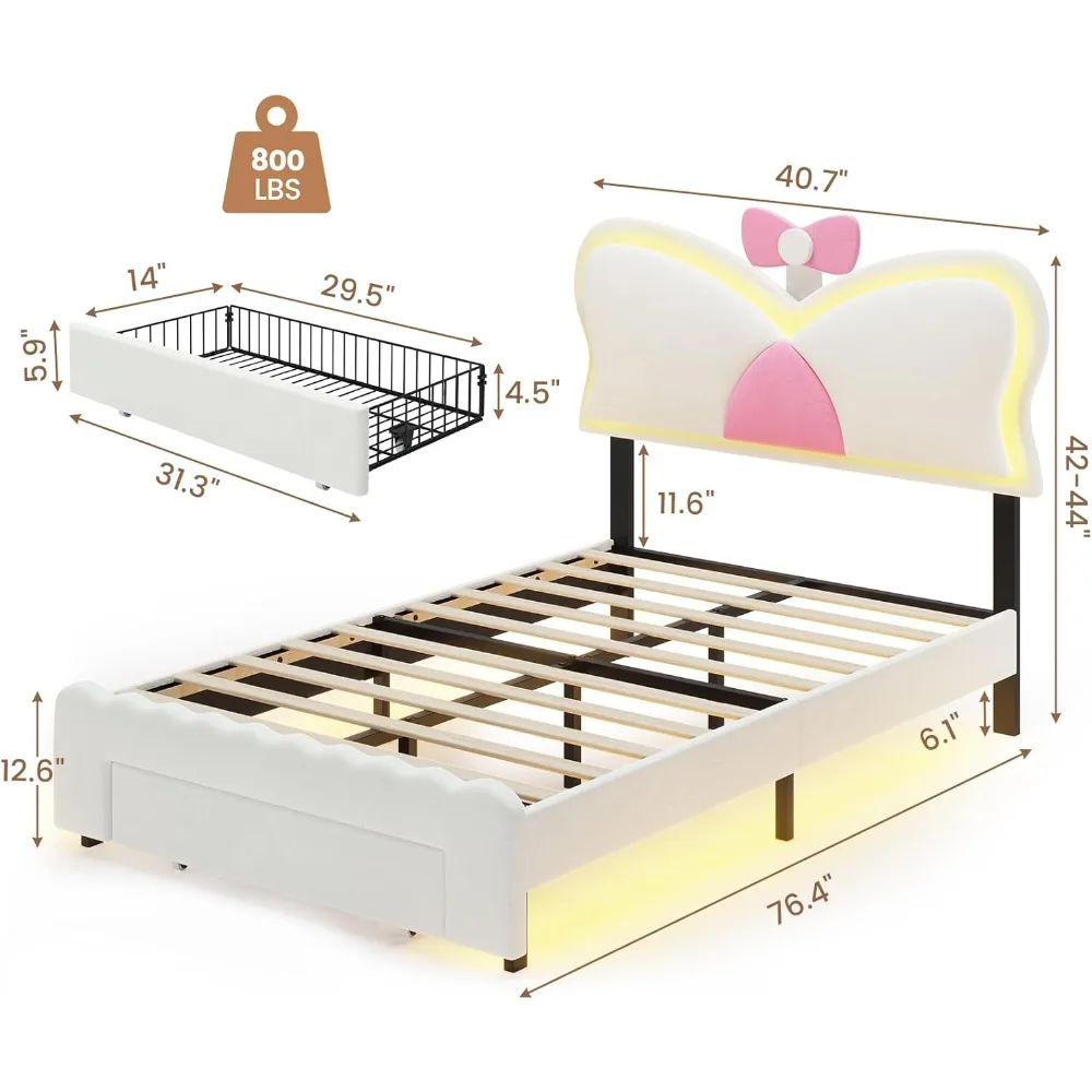 Double Bed Rack with LED Lights and Storage Drawers, Height Adjustable Butterfly Headboard, C-shaped and USB Charging Ports 6