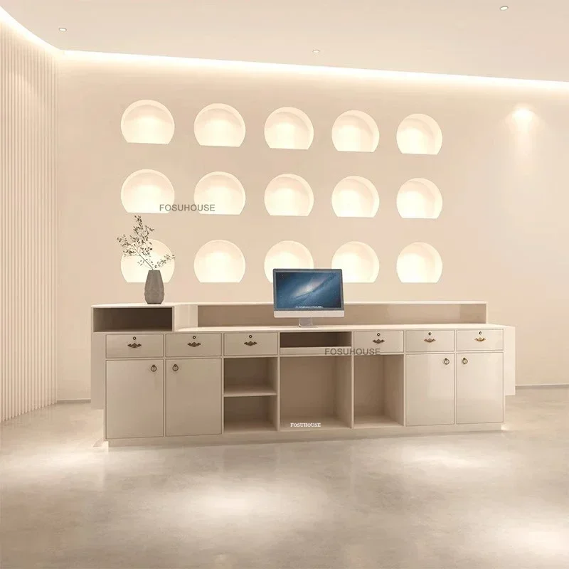 Nordic Curved Paint Reception Desks Wooden Cashier Modern Office Furniture Company Bar Front Desk Beauty Salon Reception Counter
