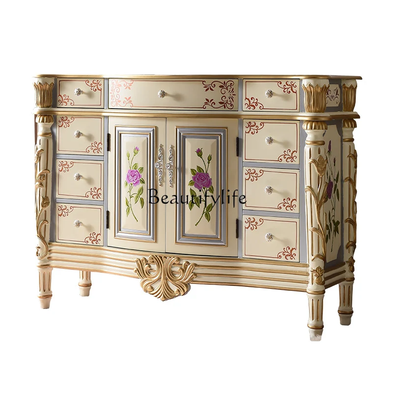 

European Style Sideboard Cabinet Painted Entrance Cabinet Storage Cabinet Restaurant American Antique Solid Wood Curio