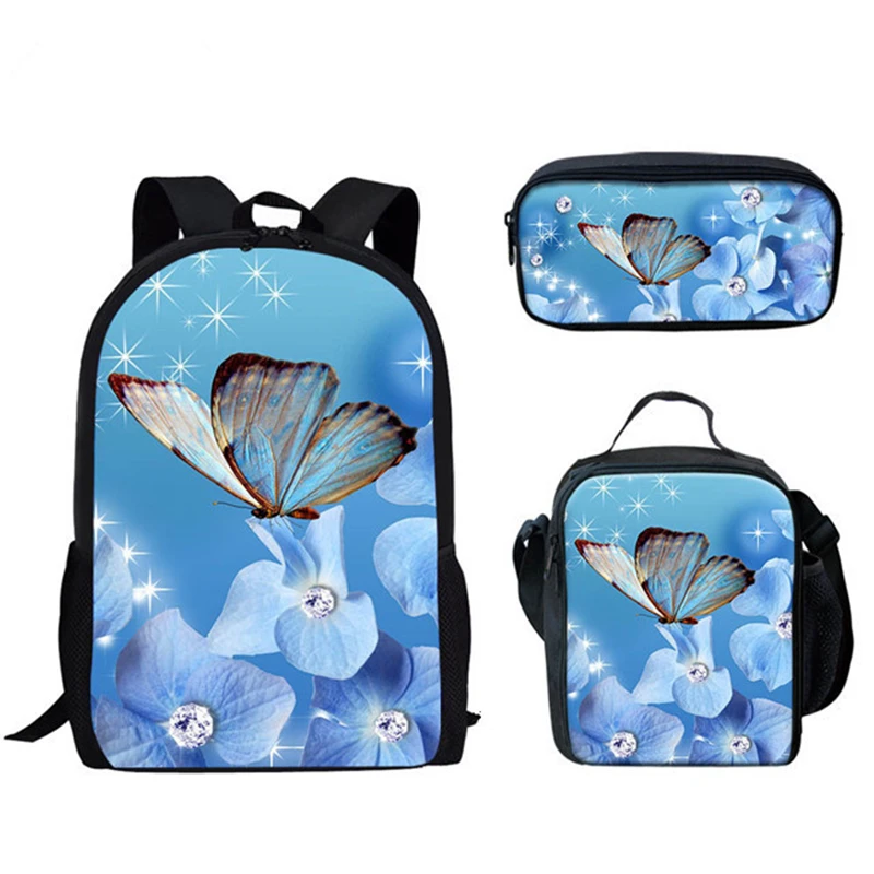 Harajuku Novelty Butterfly Pattern 3pcs/Set Backpack 3D Print School Student Bookbag Anime Laptop Daypack Lunch Bag Pencil Case