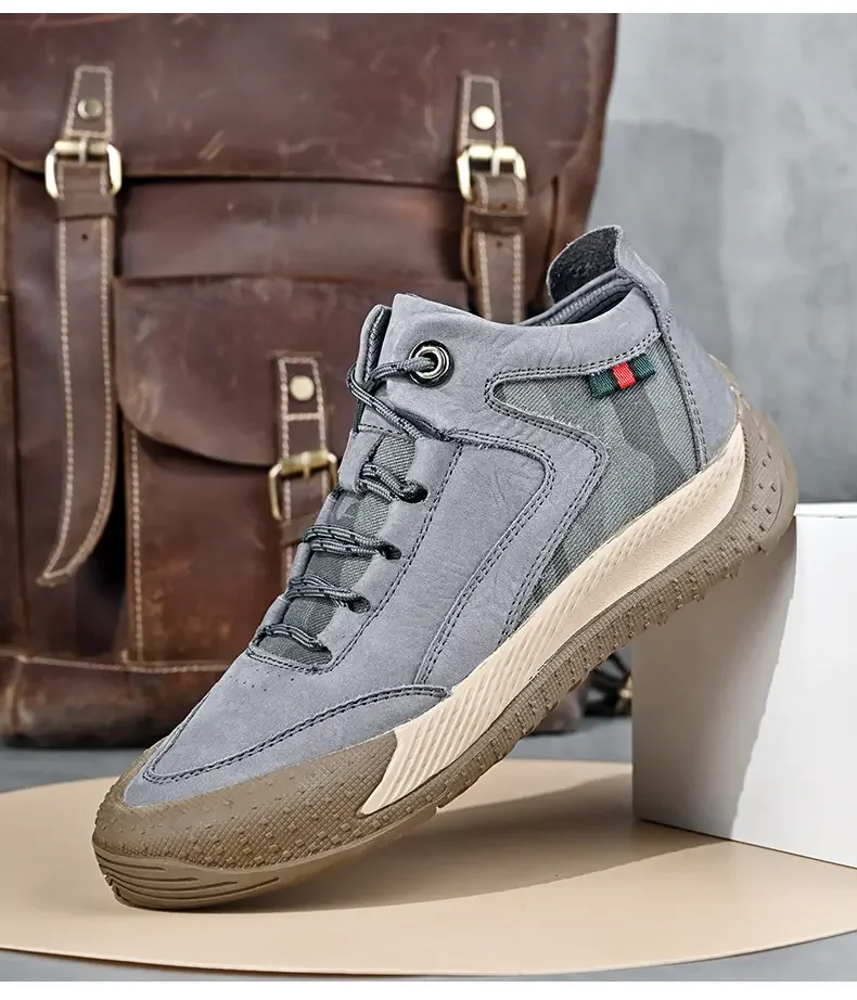

Men's Spring Autumn Leather Casual Shoes Thick Bottom Non Slip Comfortable Durable Outdoor Medium Top Forsted Canvas Casual Shoe