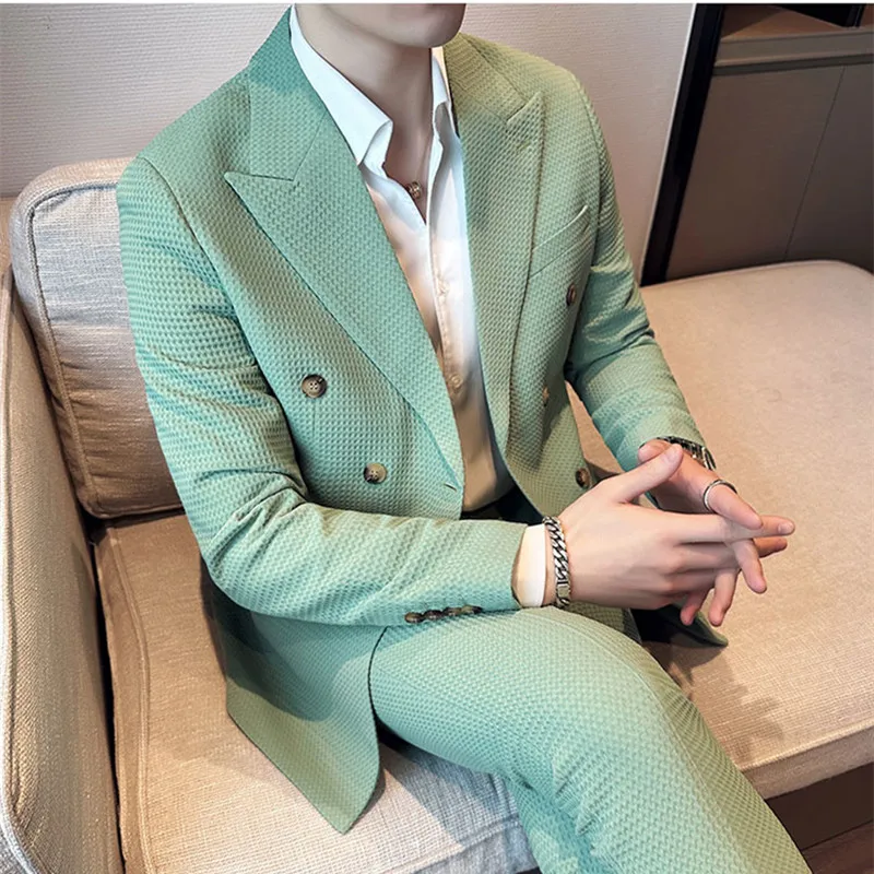 Double-breasted Waffle Business Suit Men Wedding Prom Party Blazers and Pants Homme Slim Fit Tuxedo Dress 2Piece Set