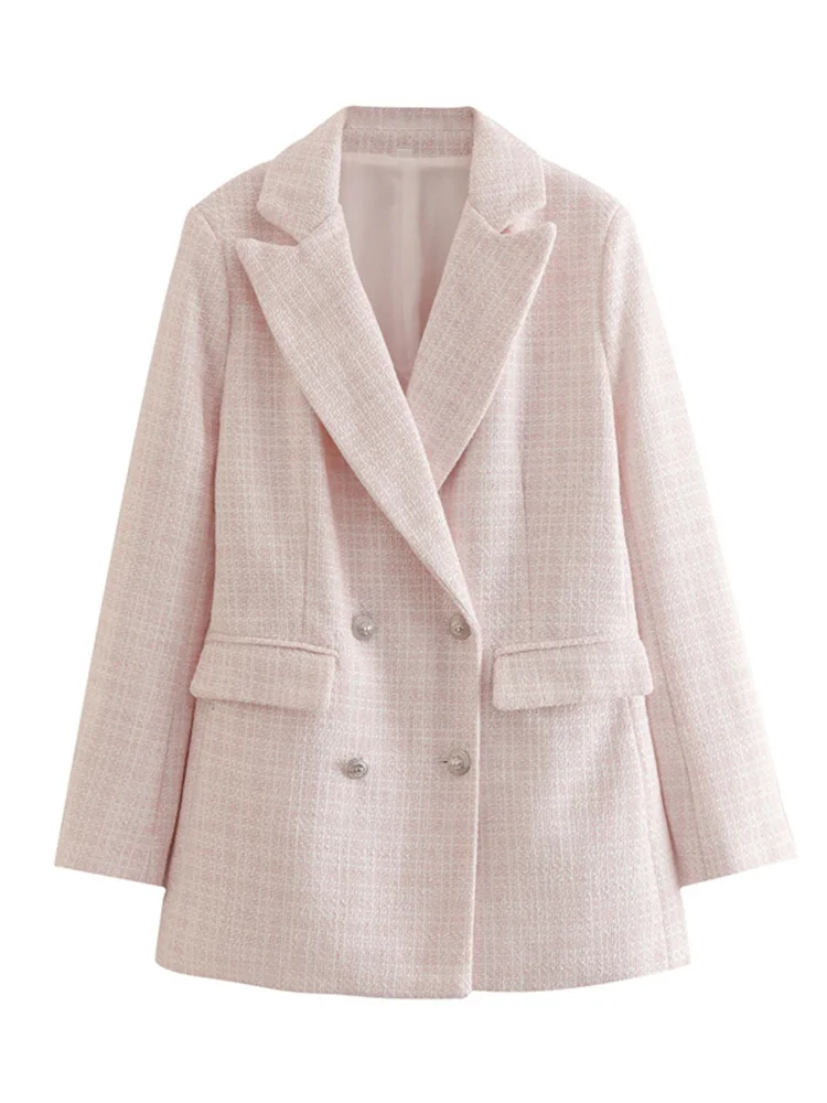 Stylish Chic Pink Tweed Jacket Women 2022 Fashion Turndown Collar
