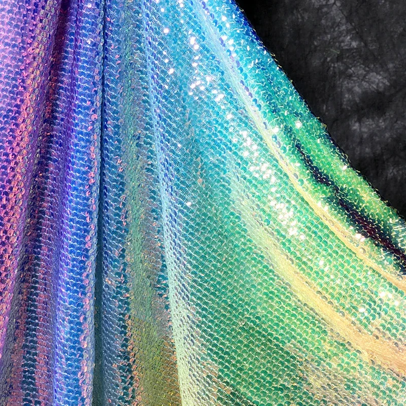 Gradient Rainbow Sequin Fish Scale Fabric Dress Suit DIY Sewing Craft Clothing Supplies 130cm Width