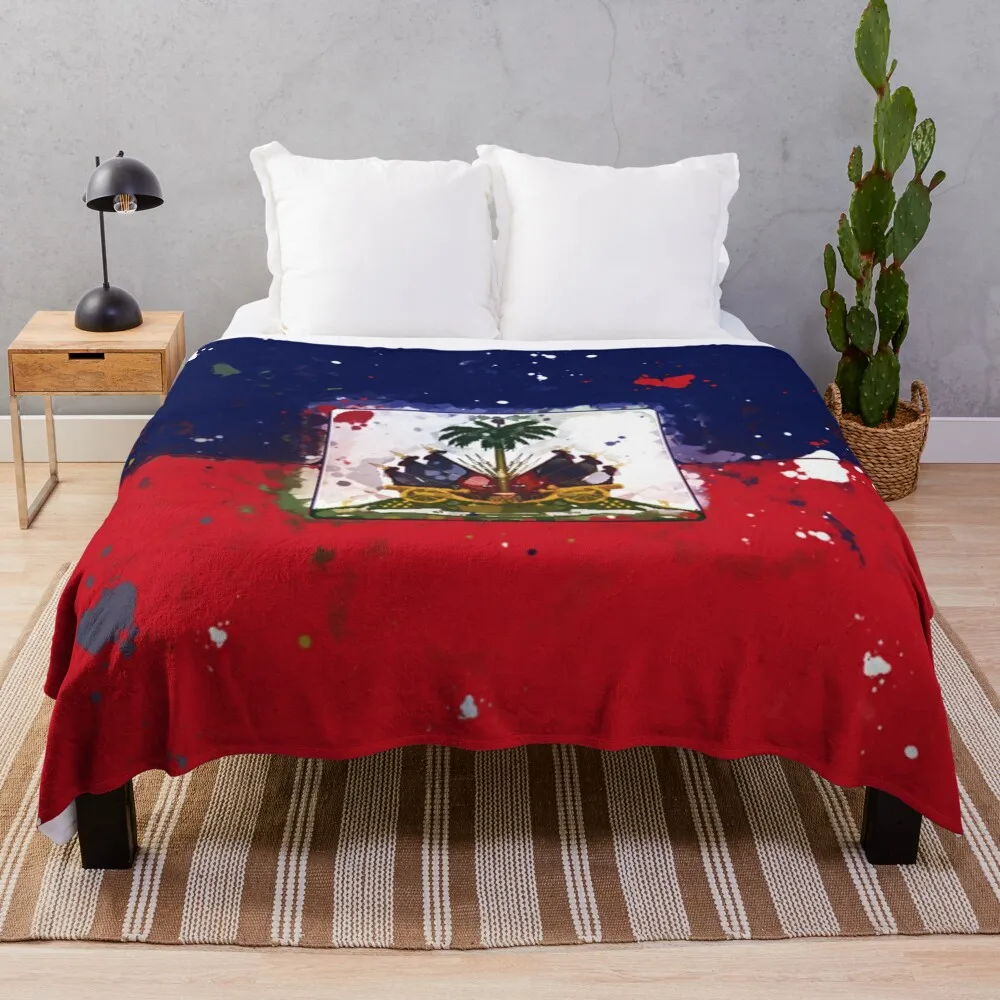 Haiti Grunge Flag Throw Blanket Picnic Bed Blankets