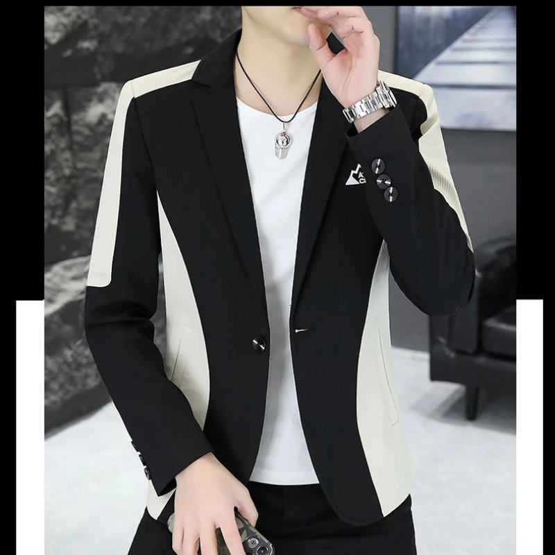 Korean Fashion Patchwork Suit Jacket for Men Autumn Slim Fit Casual Blazers Single Button Business Social Banquets Coat Tops