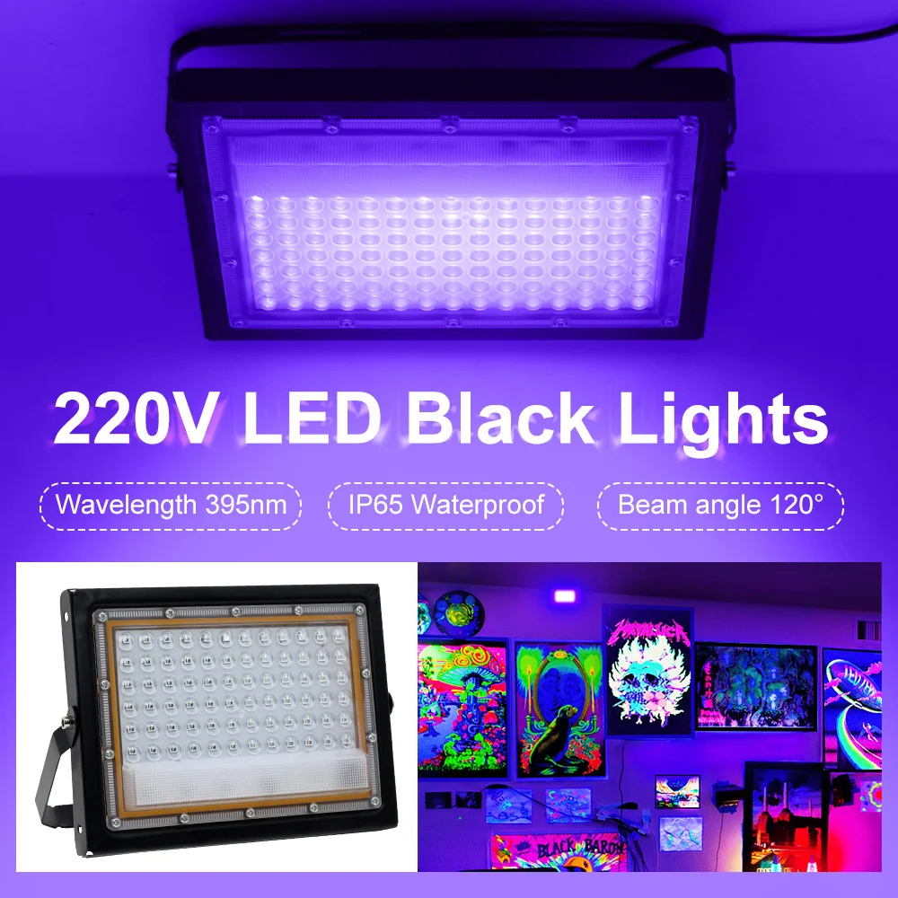 395nm LED UV 투광등 50W 100W 무대 블랙라이트 AC220V EU 플러그 포함 야외 방수 UV 형광 파티 무대 백라이트