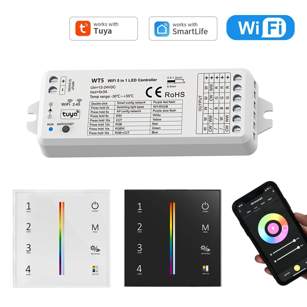 

5in1 WiFi LED Controller 12V 24V RGB+CCT RGBCW Strip Dimmable 4-zone 2.4G Touch Remote Tuya Smart Life APP for Alexa Google Home