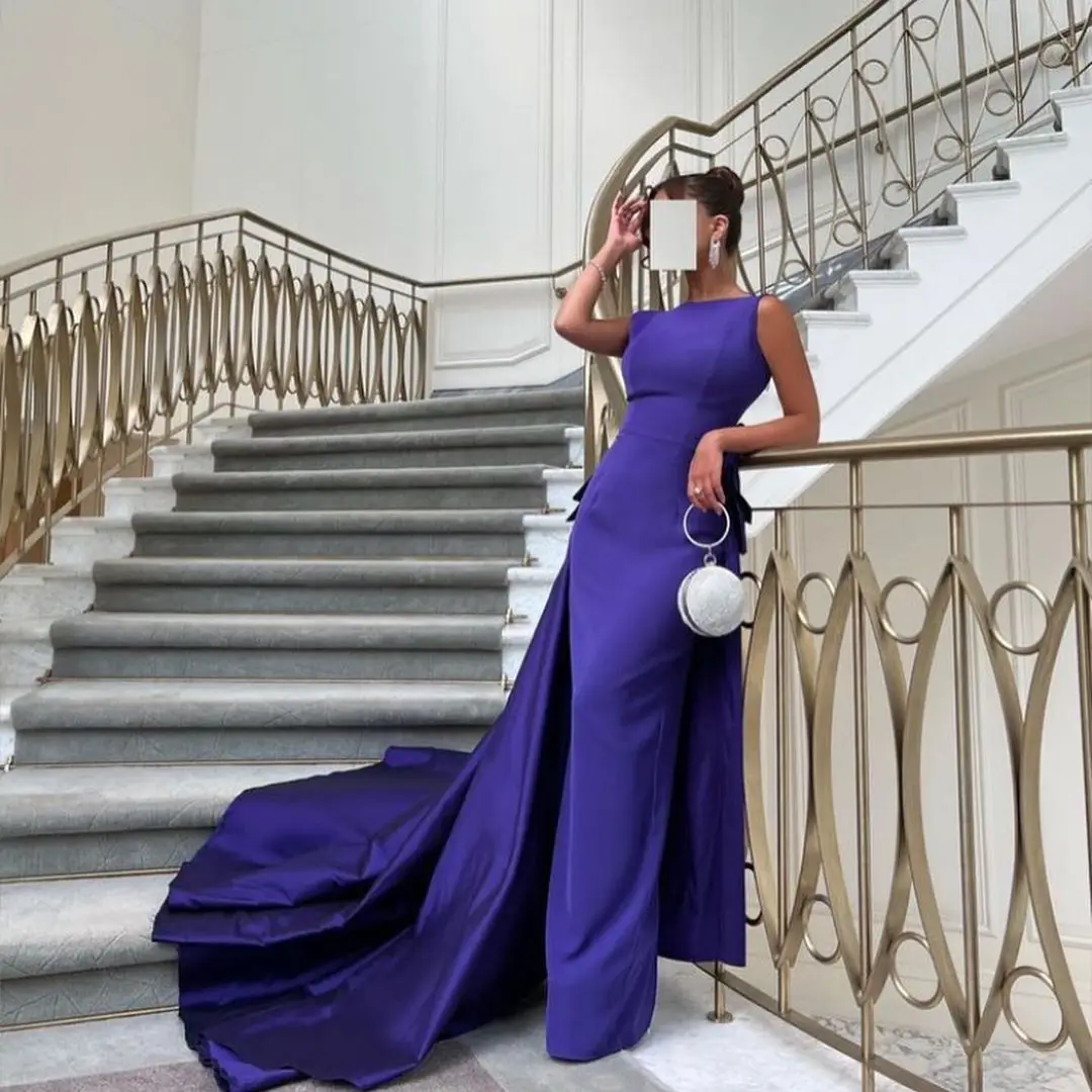 

Elegant Purple Stretch Satin Formal Evening Dresses With Detachable Train Boat Neck Saudi Arabic Prom Dress Women Party Gowns