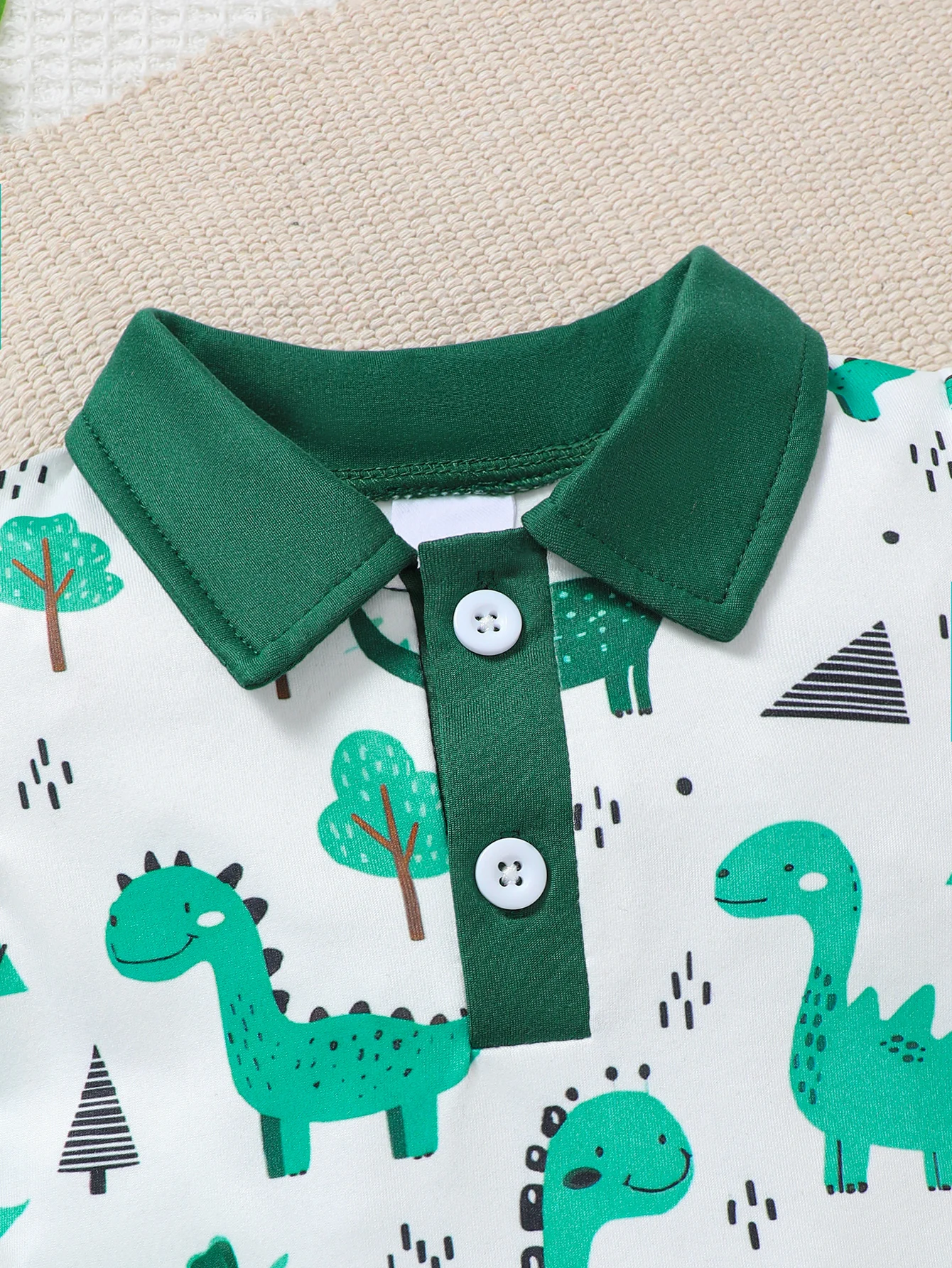 Baby Boy Summer Outfit 2-Piece Set Cartoon Dinosaur Print Polo Short Sleeve Romper with Fashionable Cute Overalls 3