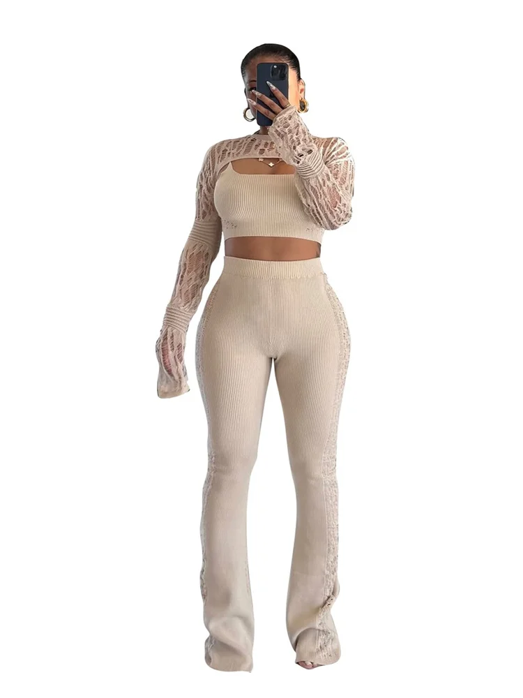 Wmstar 3 Piece Sets Wholesale Women's Casual Hollowed Out Knitted High Stretch Long Sleeve Bodycon New in Matching Sets 2025