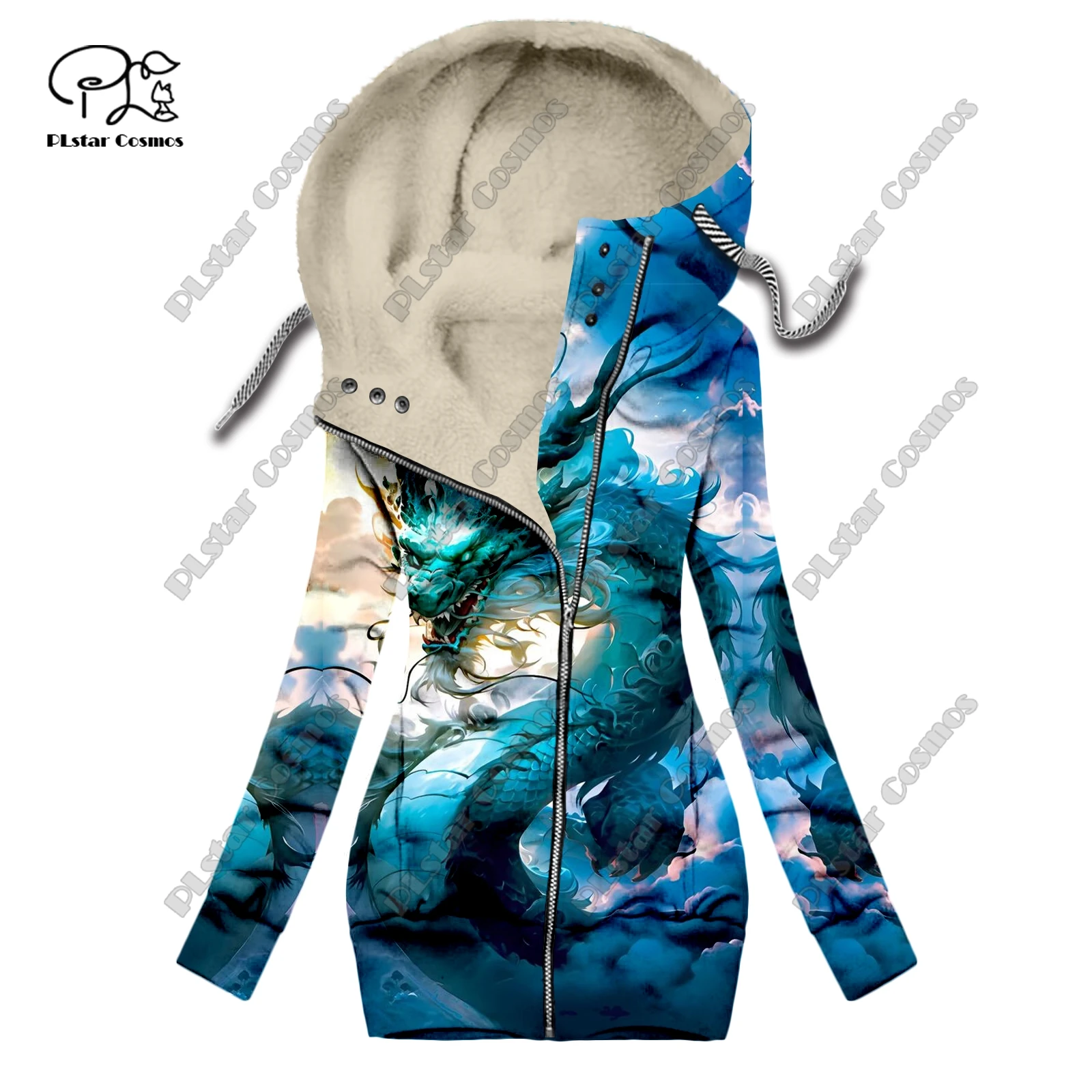 New 3D printing animal series dragon cloud pattern velvet warm women's long zipper hoodie jacket commuting casual winter