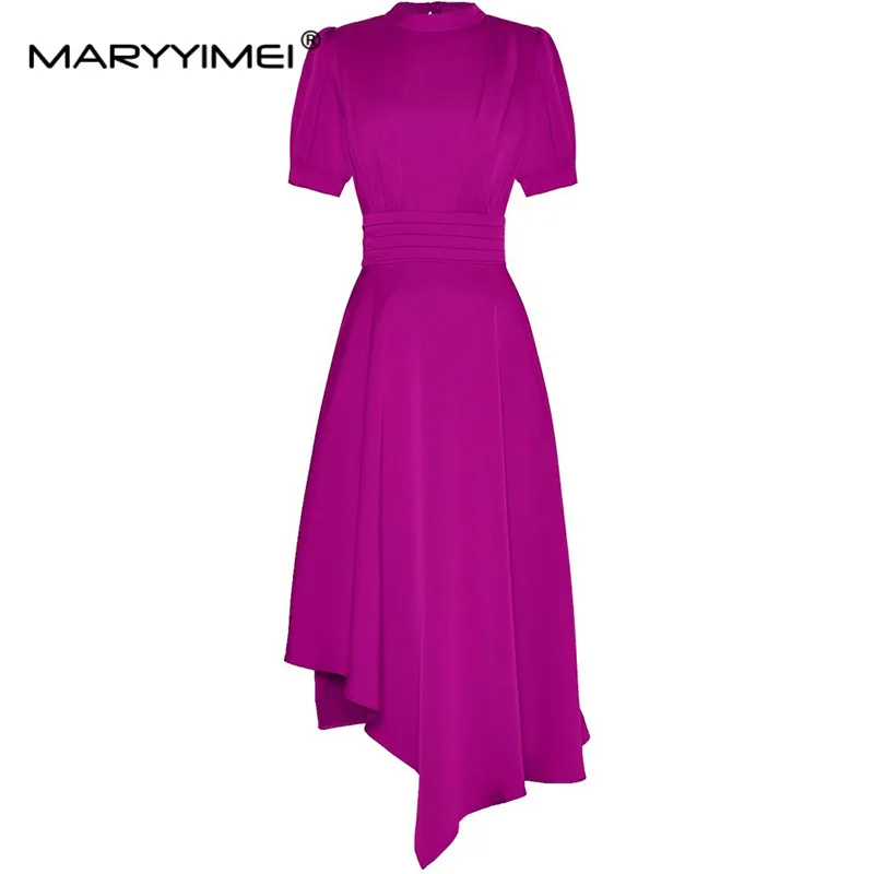 

MARYYIMEI Fashion Design Spring Summer Women's Short-Sleeved Folds Lace-UP Pocket Pretty Slim Vintage Asymmetrical Dresses