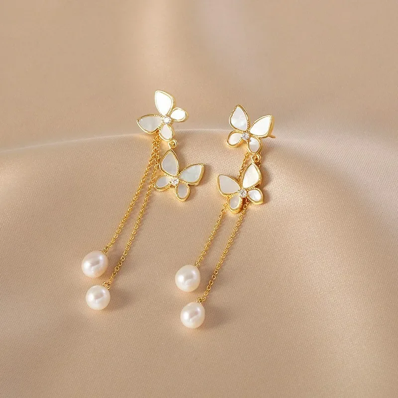 

New Trendy Exquisite Sweet Butterfly Pendant Earrings for Women Tassel Long Dangle Earrings Niche Imitation Pearl Jewelry