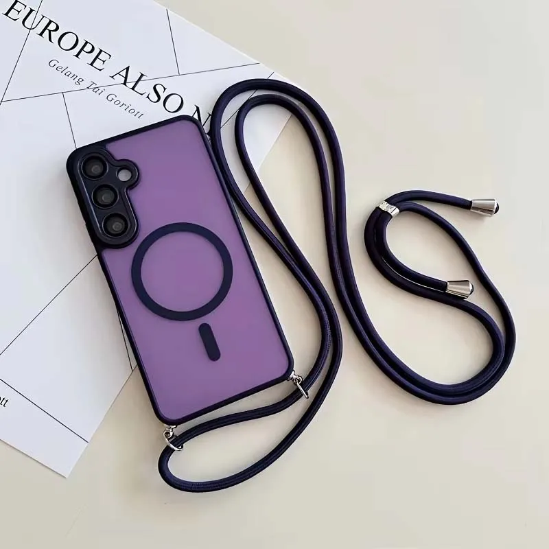 Luxury Frosted Lanyard Magnetic Phone Case with Lens Film and Wireless Charging Support