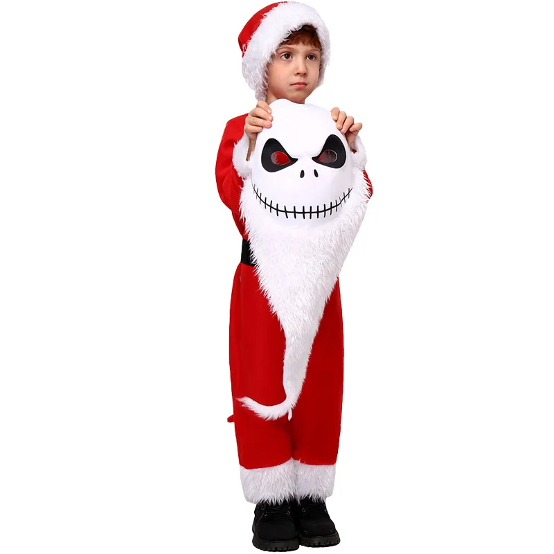 Boys and Girls Red Onesie Scary Christmas Eve Masquerade Party Cosplay Creative Funny Outfits Santa Claus Jumpsuit Hat Mask Suit