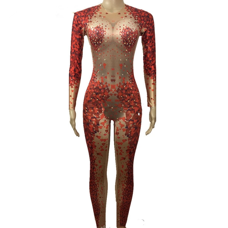 

Women's Party Outfit Fashion Red Heart Shape Pattern Jumpsuit Rhinestones One Piece Big Stretch Costume Stage Singer Show Wear