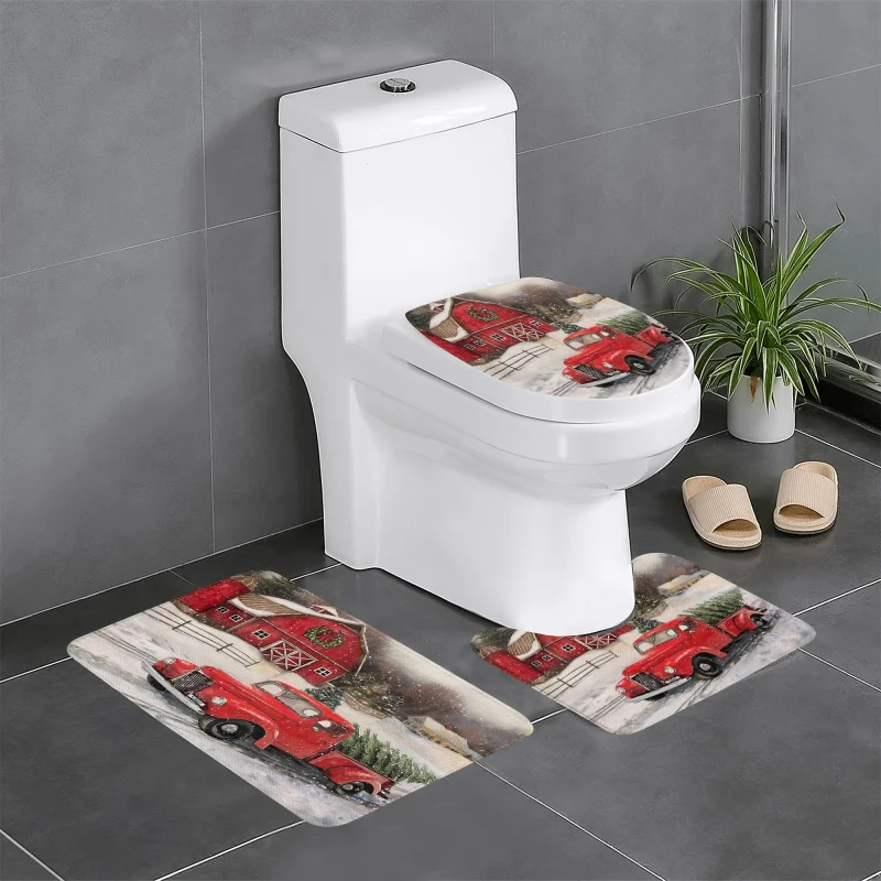 3-piece Christmas tree truck pattern bathroom anti slip mat set, bathtub anti slip mat bathroom carpet, toilet U-shaped mat, toi