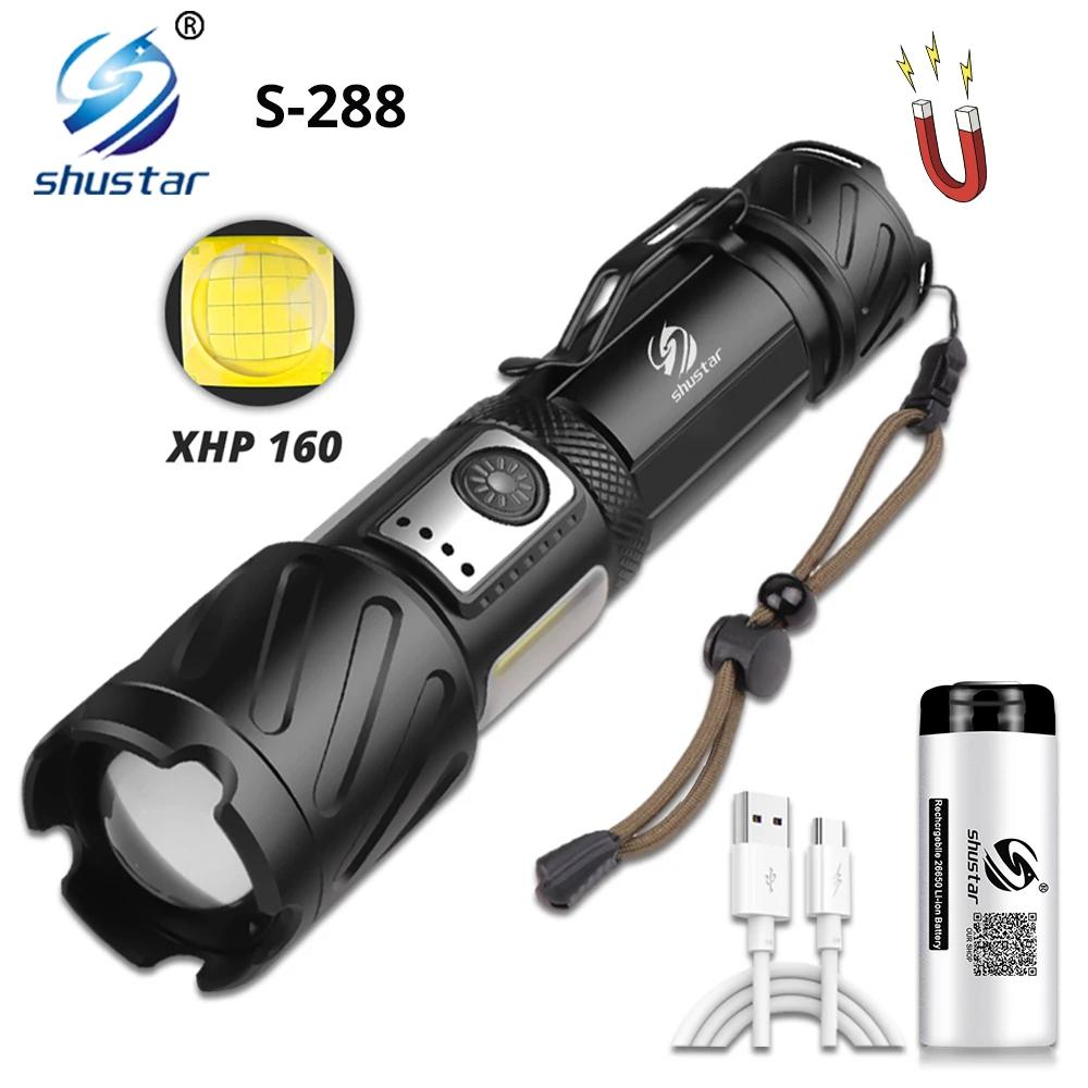 Powerful XHP160 LED Flashlight with Side COB Light Super Bright Torch Support Zoom Waterproof Adventure Camping Light