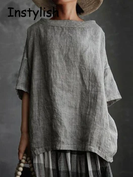 Women Vintage Harajuku Cotton and Linen Loose Blouses and Shirts Summer Casual Short Sleeve O Neck Oversized Tops Solid Blusas 1