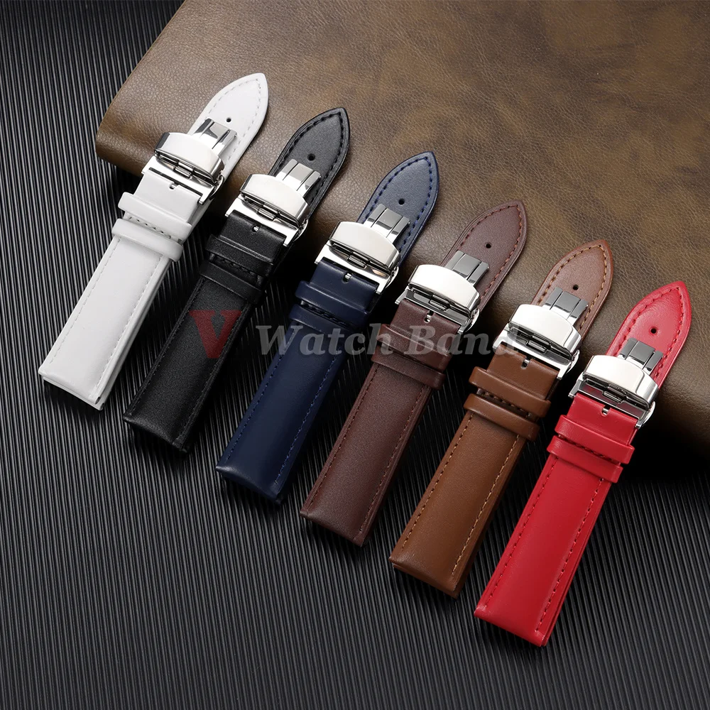 Elegant Genuine Leather Watchband with Butterfly Buckle and Wooden Gift Box