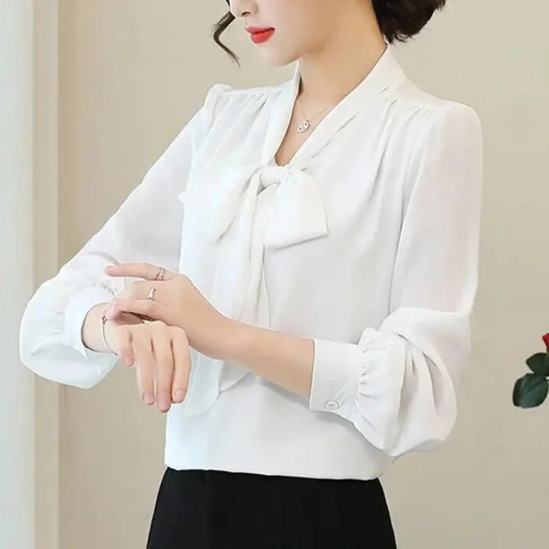 Spring Summer New Casual Commuter Women's Clothing Splice Button Bow V-Neck Long Sleeve Solid Color Temperament Pullover Shirt