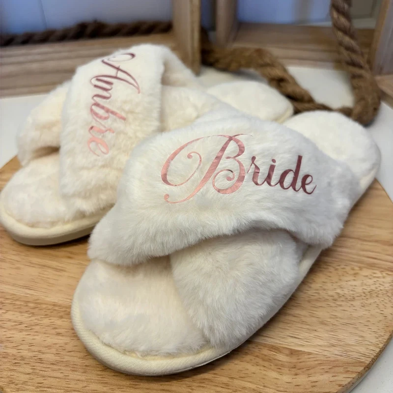 Custom Bridesmaid Fluffy Cross Plush Open Toe Cozy Slippers Maid of Honor Gift Bridal Shower Wedding Bachelorette Party Slippers 3