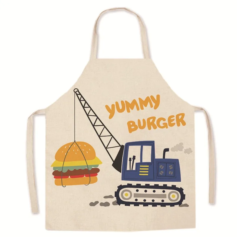 Cute cartoon excavator car burger pattern linen apron halter neck sleeveless apron kitchen cooking cooking bib 2