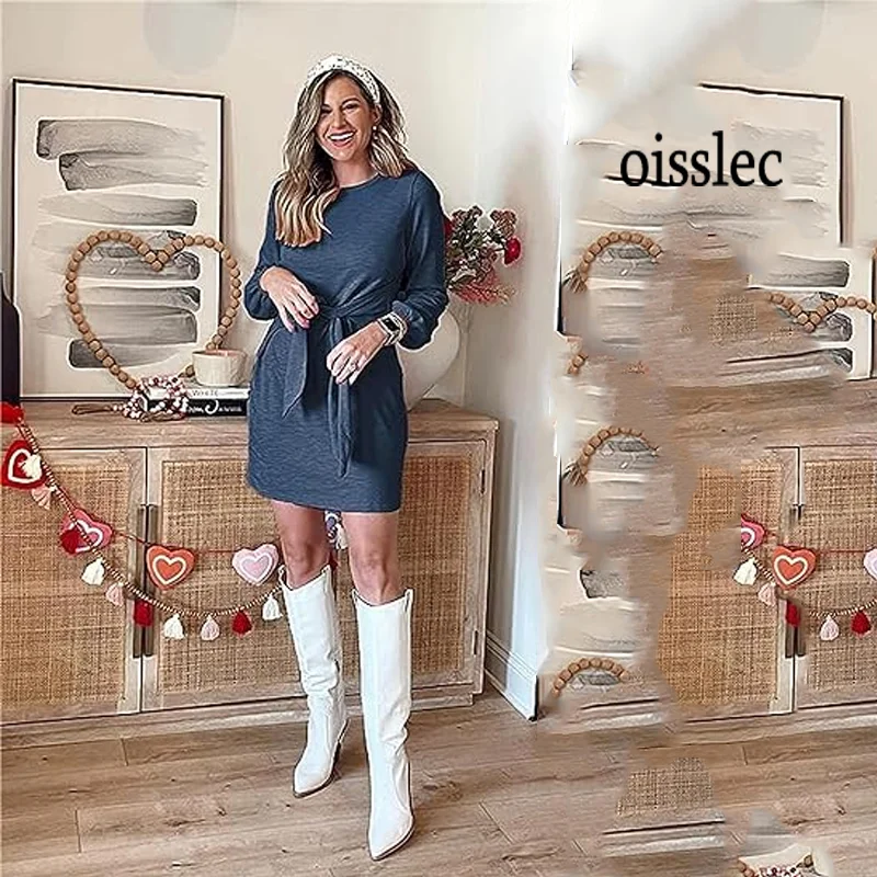 

Oisslec Prom Dress Jewel Neck Evening Dress Balloon Sleeves Cocktail Dresses Tie at the Wait Party Dress Knit Knee Length Simple