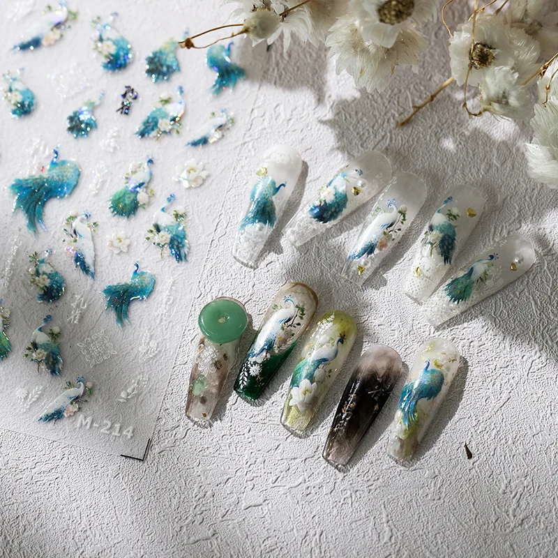 5D Vivid Shell Light Laser Green Peacock Beautiful Gorgeous Feather Adhesive Nail Art Stickers Decals Manicure Charms Suppliers 3
