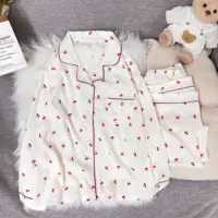 Japanese Cute Kawaii Small Cherry Pajama Set Long Sleeve Women's Soft Sleepwear Home Outfit Loungewear Nightwear Spring Autumn​