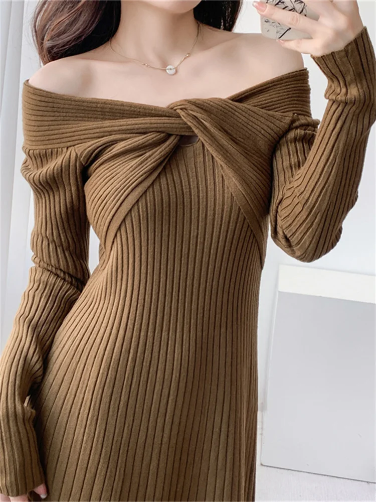 

French Long Dresses Women Elegant Sexy Off Shoulder Knitted Dress Ladies Autumn Winter Long Sleeve Slash Neck Slim Sweater Dress