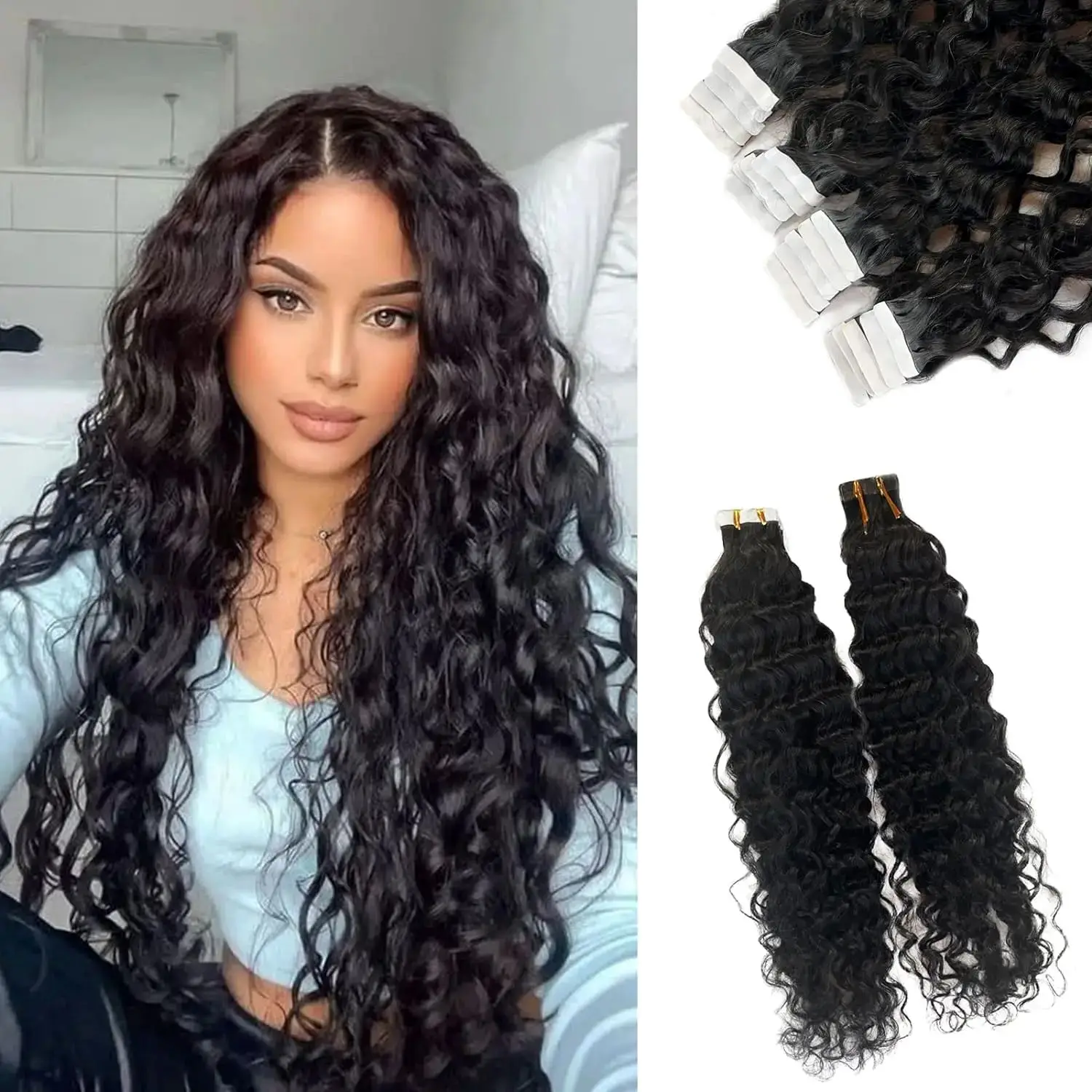 Human Hair Extensions Black Water Wave Tape in Brazilian Hair Skin Weft Tape in Curly 20pcs human hair extensions