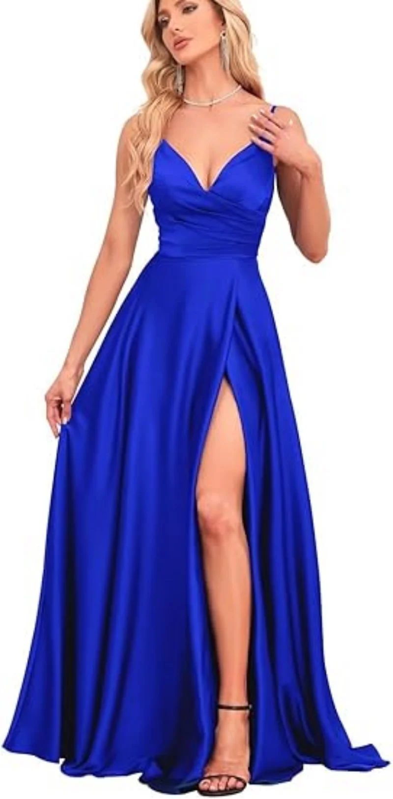 Satin Bridesmaid Dresses with Slit A Line Spaghetti Strap Formal Prom Evening Party Gown with Pocket V Neck Long Ball Gown