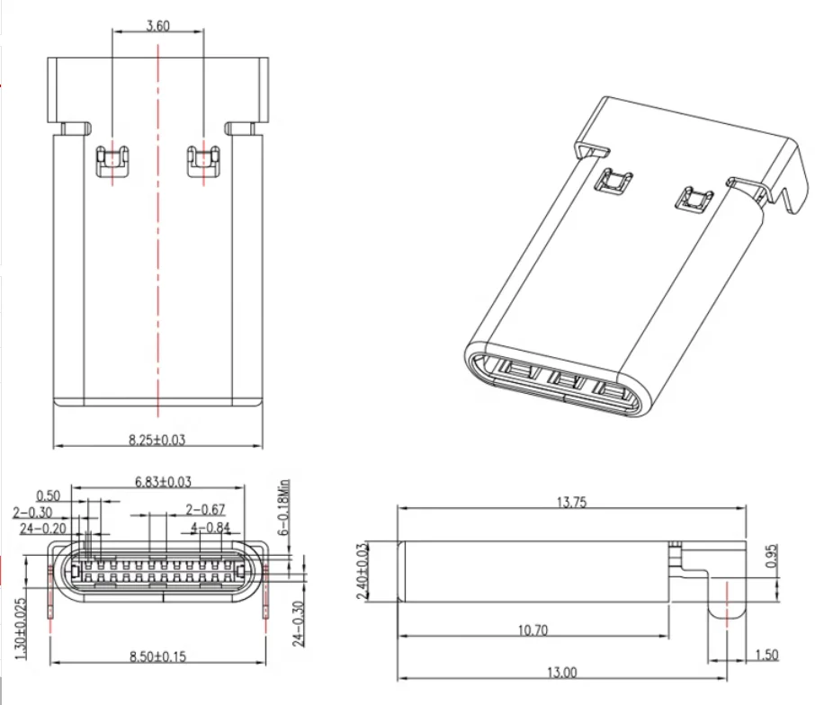 5 stücke usb 3,1 typ c smt 24p usb stecker horizontal mid mount männlich durch platine für ladegerät pcb mount löt adapter diy – Detail 1