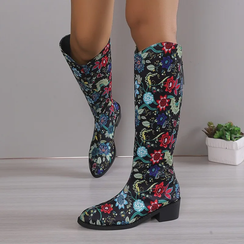 Winter Shoes for Female Back Zip Print Women's Knee-High Boots Square Heel Pointed Toe Women's Shoes Med Heel Sweet Ladies Boots