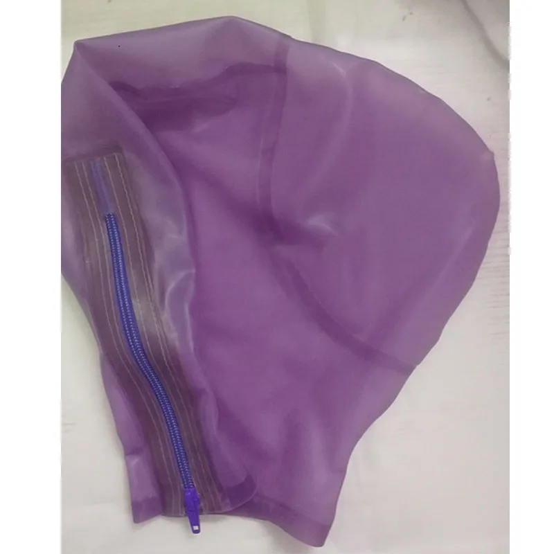 

Transparent Purple Latex Hoods Sexy Fetish Full Head Rubber Mask Cosplay with Breath Hole Back Zip Club Wear for Men Women