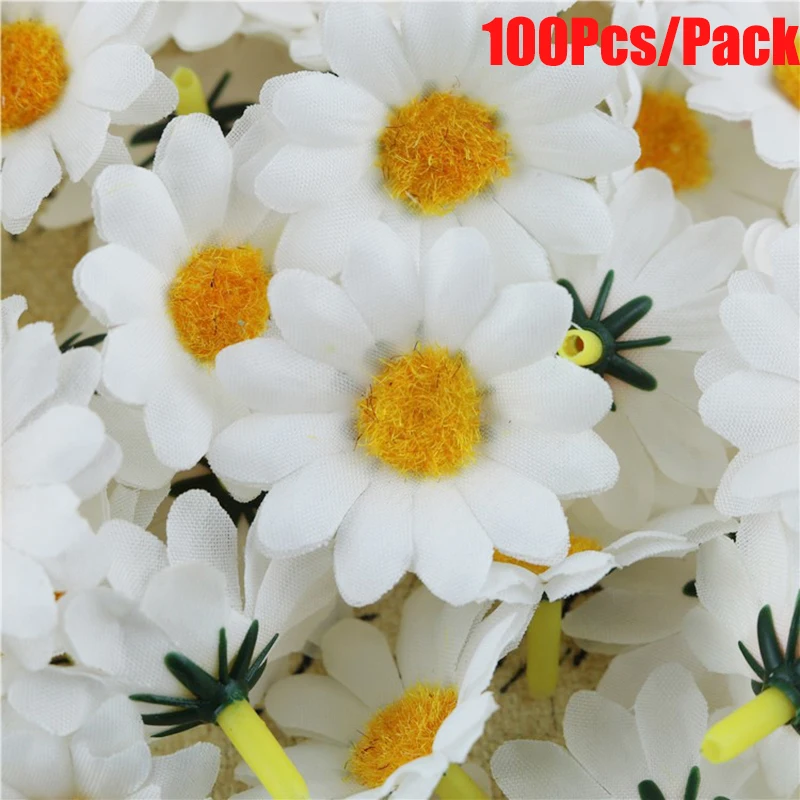 100Pcs 4cm Artificial Flowers White Daisy with Yellow Center for Wedding Party Home Decoration DIY Scrapbook Dropshipping