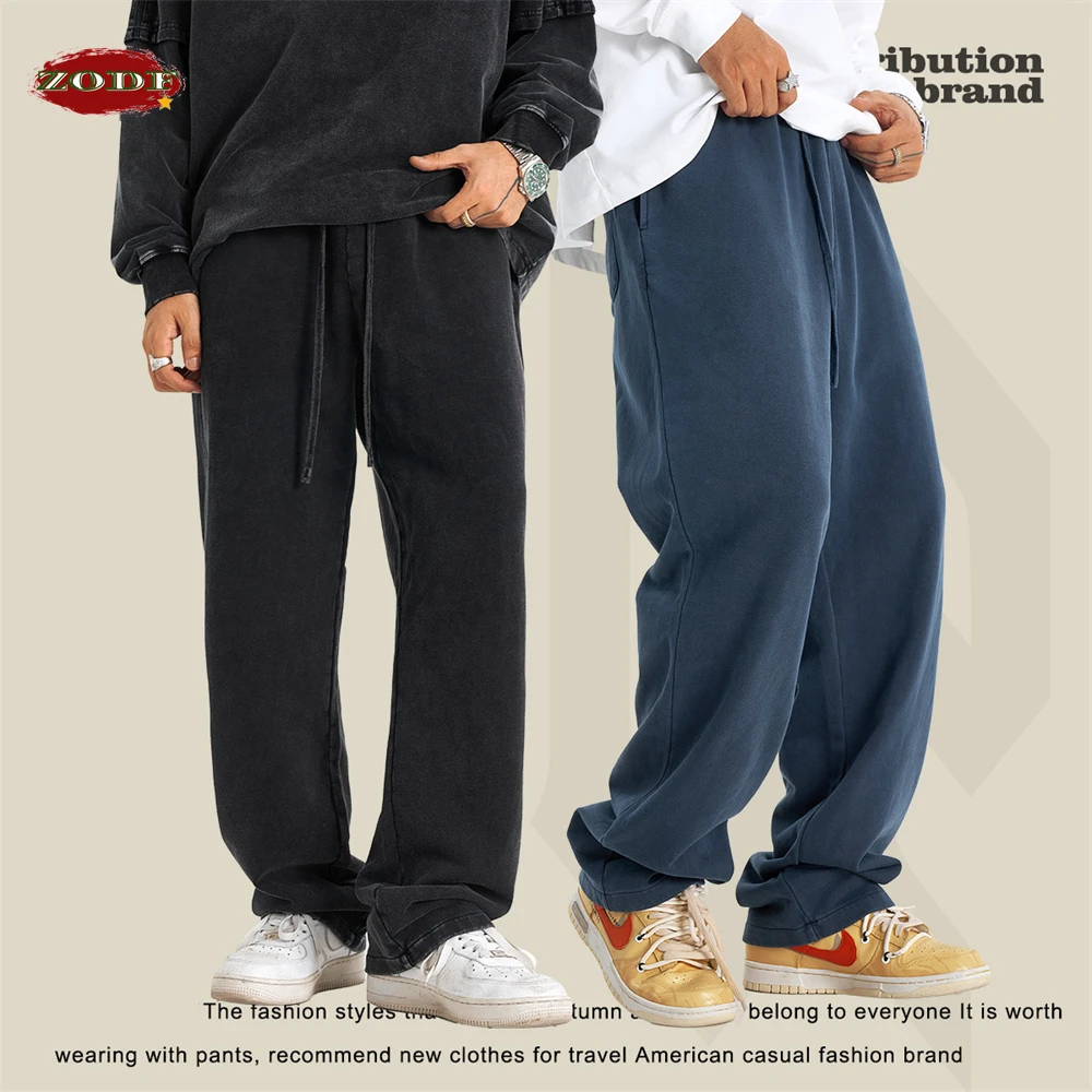 ZODF Retro 2024 Men Autumn Washed 380gsm Cotton Pants Unisex High Street Basic Oversized Solid Sport Straight Trousers HY0885 4