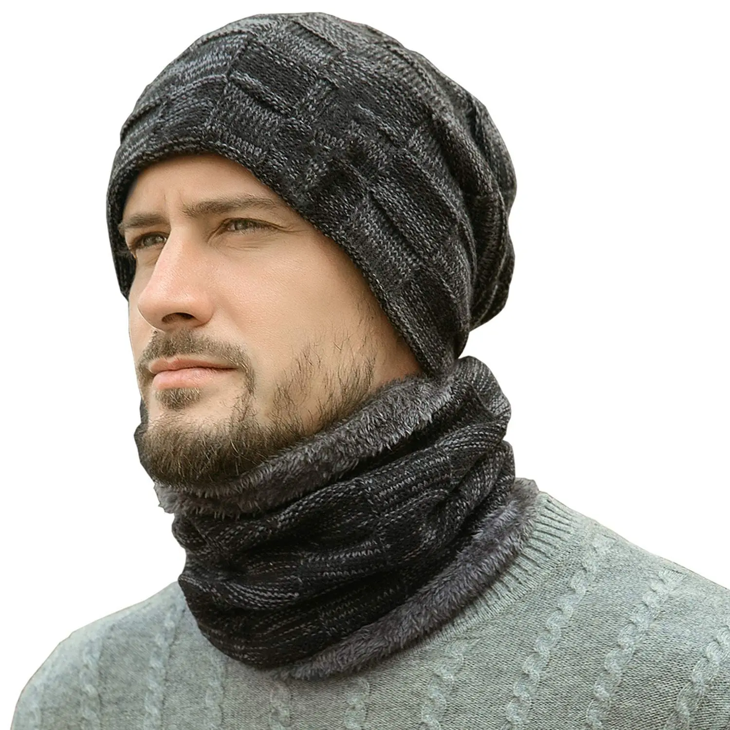 

2022 New Plaid Men Winter Hat Scarf Set Warm Knit Skull Cap Neck Warmer With Thick Fleece Lined Beanie Caps for Women
