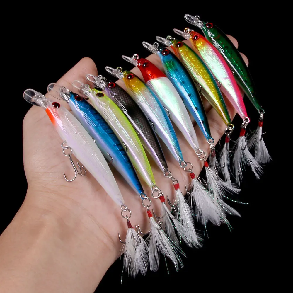 

1Pcs Laser Minnow Fishing Lure 9cm 7g Artificial Bionic Swing Hard Bait with Feather Tackle Hook Wobbler Pesca for Bass Pike
