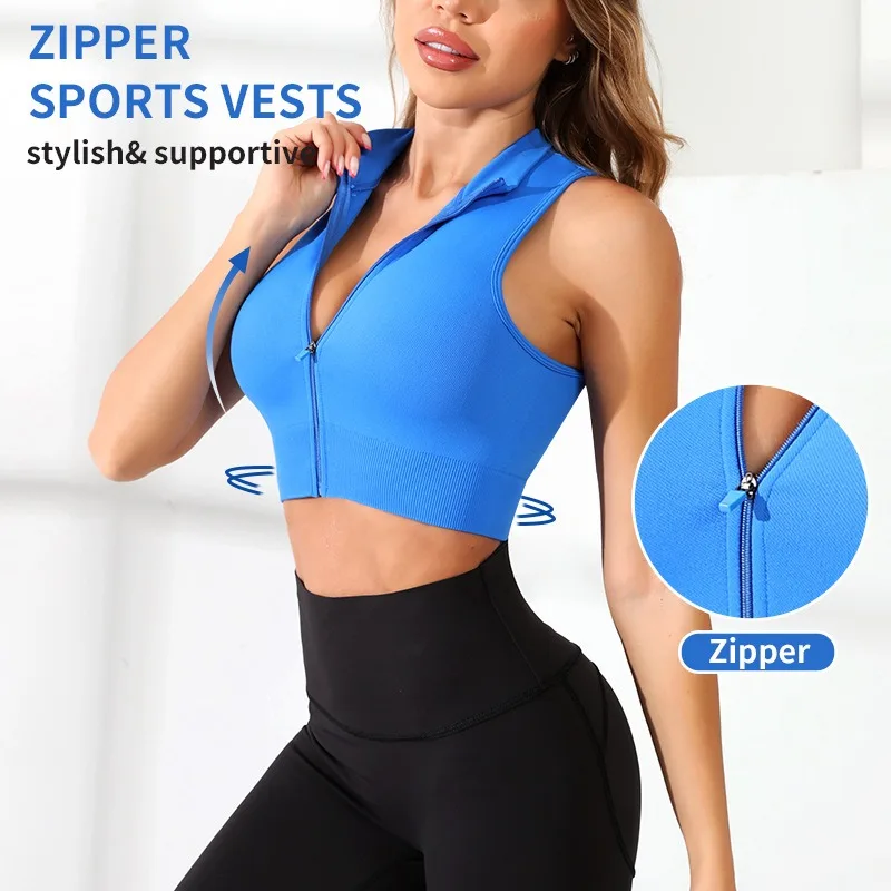 Women's Zipper Shockproof Nude Sports Underwear, Running Fitness Bra,  Integrated Turtleneck, Yoga Vest - AliExpress