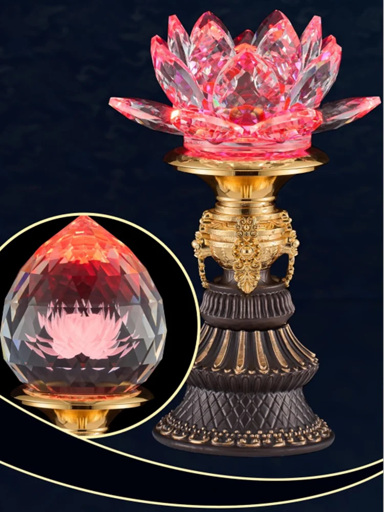 LED Colorful Crystal Ball Lotus Lamp, Buddhist Supplies, Temple Eternal Light, Buddha Light, Meditation, Home Decoration