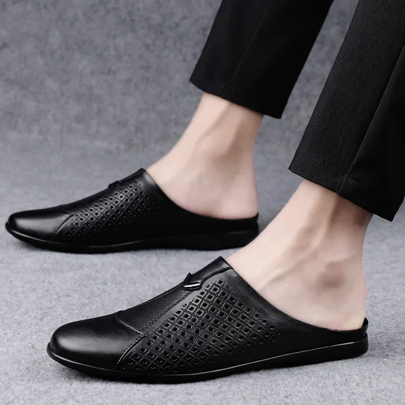 Fashion Mens Half Loafers Genuine Leather Baotou Leather Sandals Hollow Out Breathable Mules Man Outdoor Lightweight Half Shoes 6