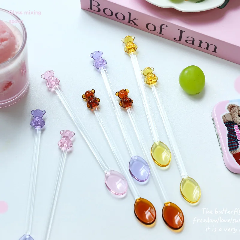 Japanese Style Milk Dessert Teddy Bear Spoon Colorful Transparent Glass Spoon Long Handled Coffee Stirring