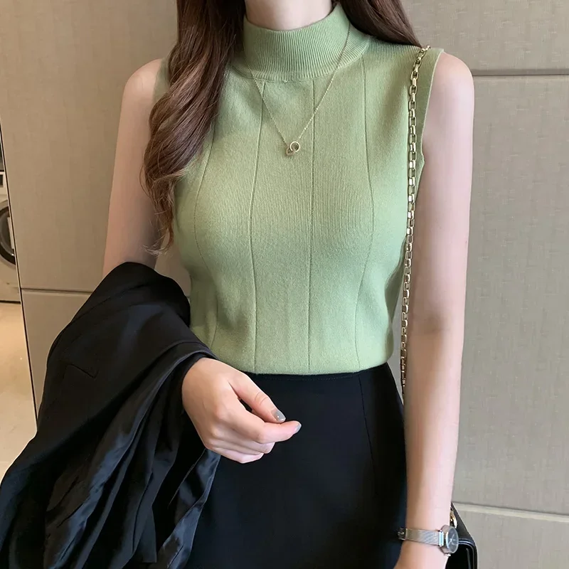 Blouse Women Blusas Mujer De Moda 2024 Verano Sleeveless Knitted Blouse Shirt Women Tops Turtleneck Blouse Women Blouses E405