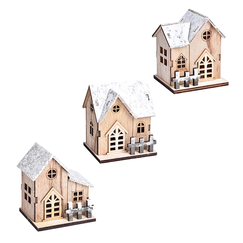 

3 Pcs Christmas Wooden House Puzzle Decor Crafts Luminous Ornament Household Xmas Desktop Home Accents Themed