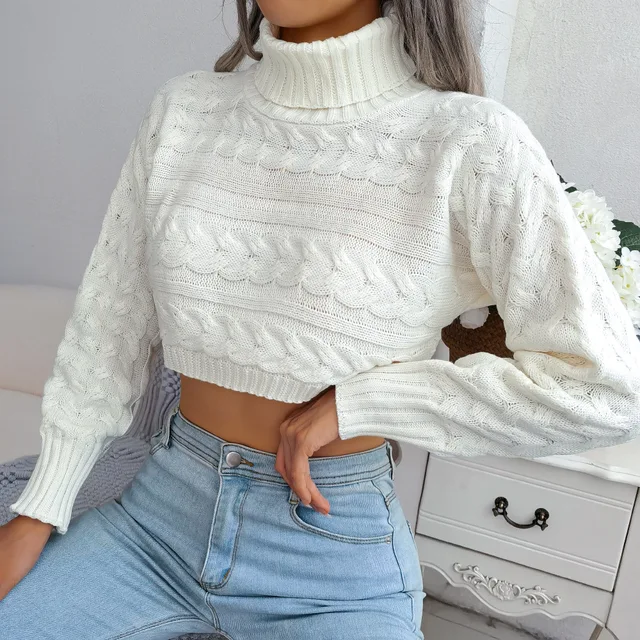 Womens Long Sleeve Turtleneck Cropped Sweater Casual Loose