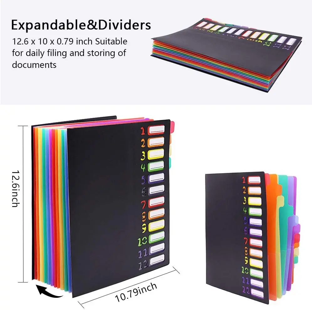 Rainbow Tab Expanding File Folder 24 Pockets Durable A4 Letter Size Organizer Water-Resistant Plastic Dividers